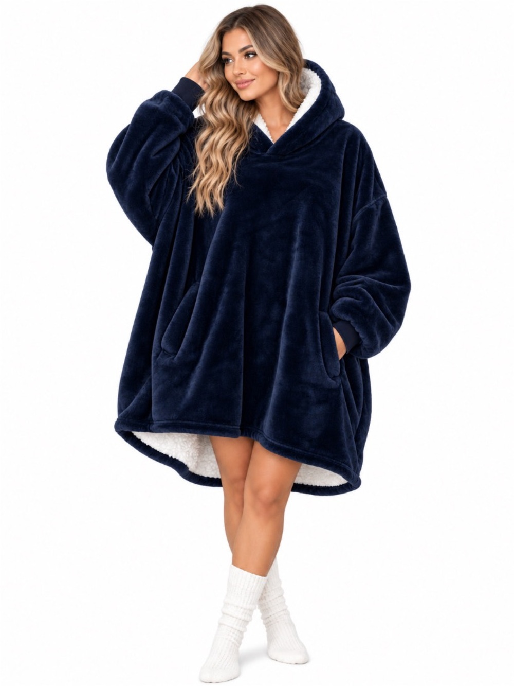 The Wayy Big Hoodie Navy Oversized Fleece Wearable Blanket One Size
